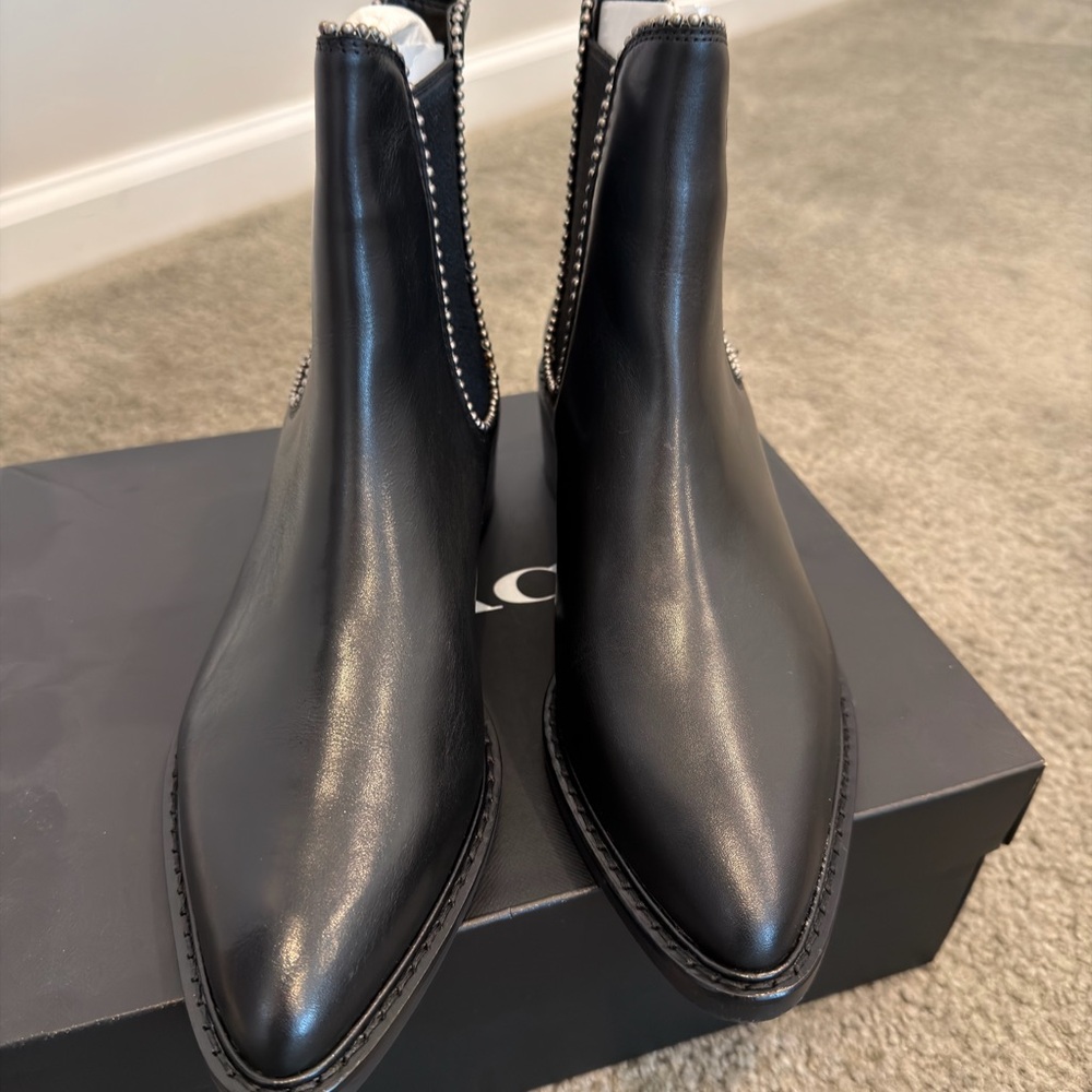 Coach Black Leather Pointed Chelsea Booties with Silver Trim